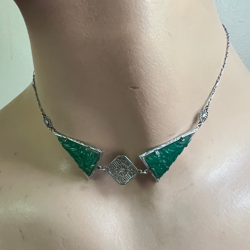 Vintage Art Deco Green Molded Glass Filigree Necklace 1920s Triangular‎ Pendant